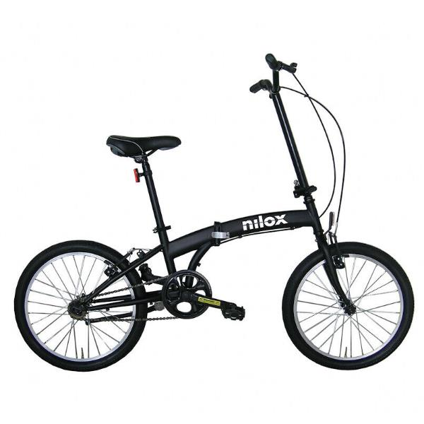 Una bicicletta pieghevole Nilox nera su sfondo bianco con ruote piccole e telaio regolabile.