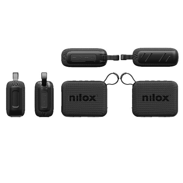 Sei angolazioni di un altoparlante portatile Nilox nero che mostra corpo in rete, pulsanti e cinturino.