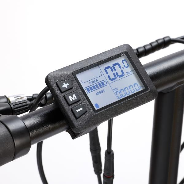Ein schwarzes E-Bike-Display mit blauem LCD-Bildschirm und drei Tasten am Lenker.