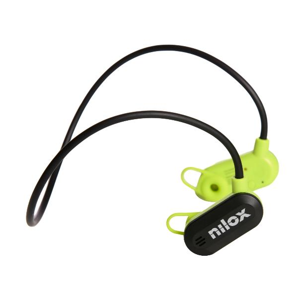 Cuffie con archetto da collo Nilox nere e verde neon su sfondo bianco.
