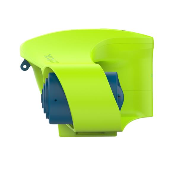 Un dispositivo elettronico verde brillante e blu, a forma di tromba, su sfondo bianco.