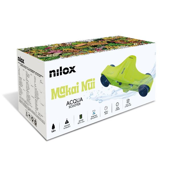 Confezione del prodotto per uno scooter acquatico verde Nilox Makai Nui con dettagli tecnici.