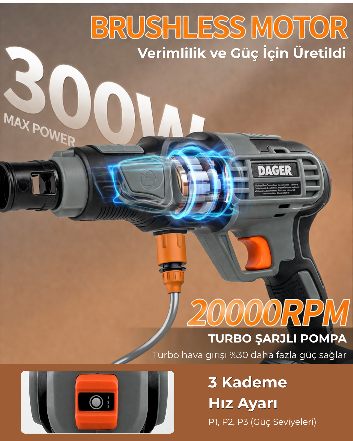 Fırçasız motorlu, 300W güç ve 20000 RPM değerli, 3 kademeli hız ayarlarına sahip Dager şarjlı pompa.