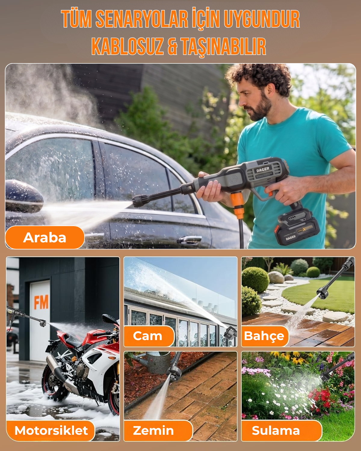 Bir adam araba, motosiklet, cam, bahçe ve sulama için kablosuz basınçlı yıkama makinesi kullanıyor.
