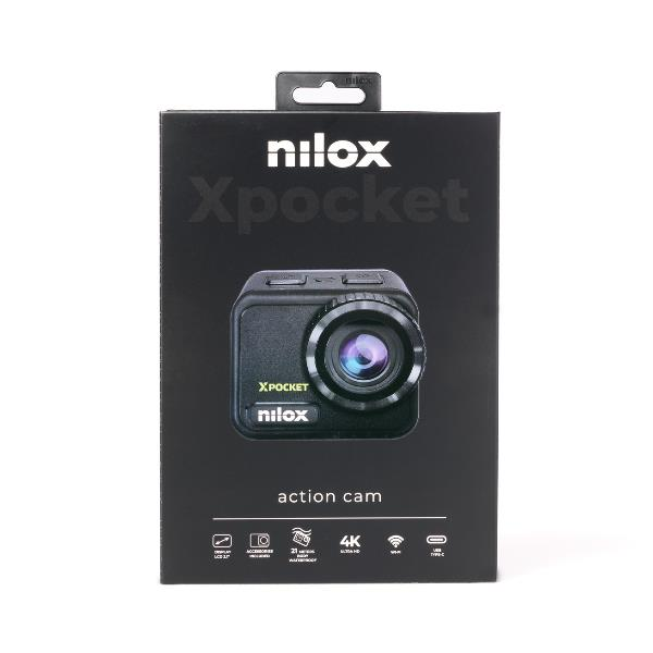 Confezione nera per action cam Nilox Xpocket con immagine.