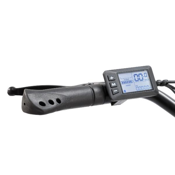 Manillar de bicicleta eléctrica con puño negro, maneta de freno y pantalla digital.