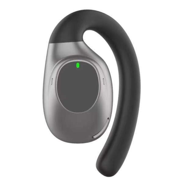 Auricolare wireless nero e argento con una piccola spia verde accesa.