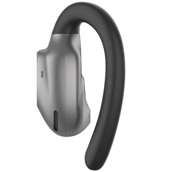 Un auricolare wireless open-ear nero e argento su sfondo bianco.