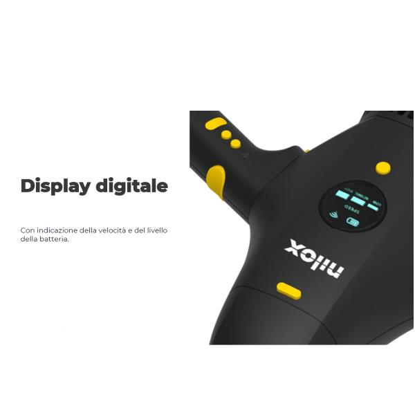 Asciugacapelli nero con tasti gialli e display digitale per velocità e livello batteria.