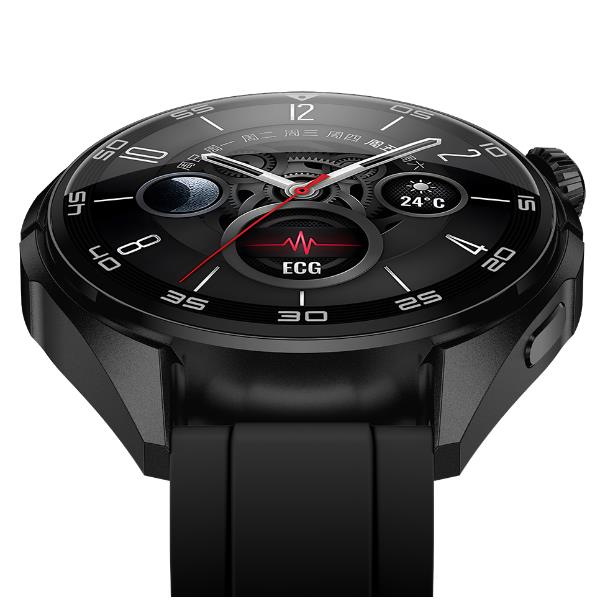 Uno smartwatch nero con display digitale che mostra ora, meteo e un grafico ECG.
