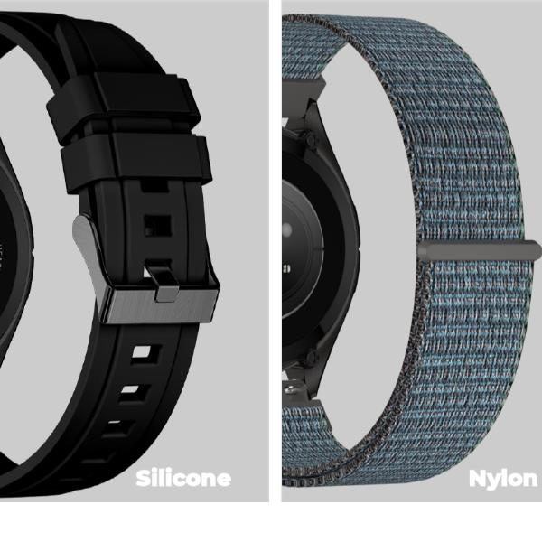 Confronto di due cinturini per orologio: uno in silicone nero a sinistra e uno in nylon blu testurizzato a destra.