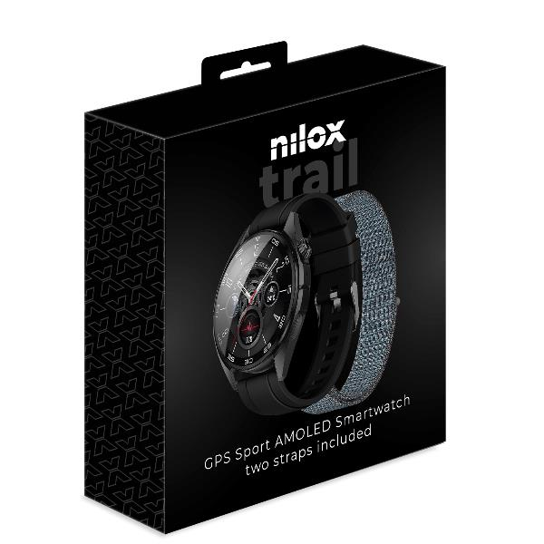 Scatola nera dello smartwatch Nilox Trail con immagine dell'orologio e due cinturini.