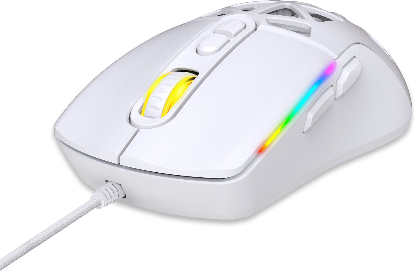 RGB aydınlatmalı ve kablolu beyaz bir oyuncu faresi.