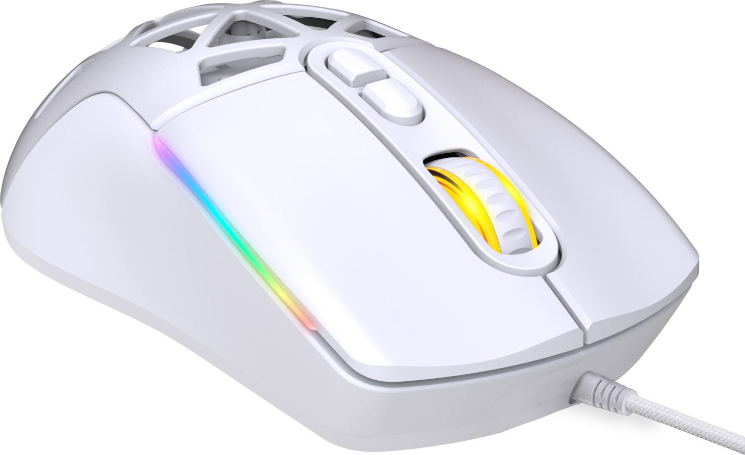 Beyaz bir arka plan üzerinde bal peteği desenli ve renkli RGB aydınlatmalı beyaz oyuncu faresi.