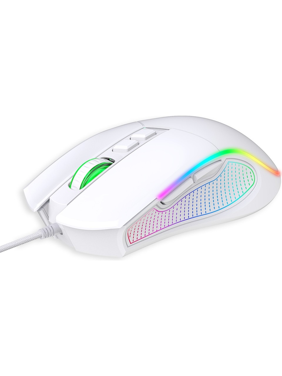 Tekerleğinde ve yan tarafında RGB aydınlatma olan beyaz bir oyuncu faresi, beyaz arka planda.