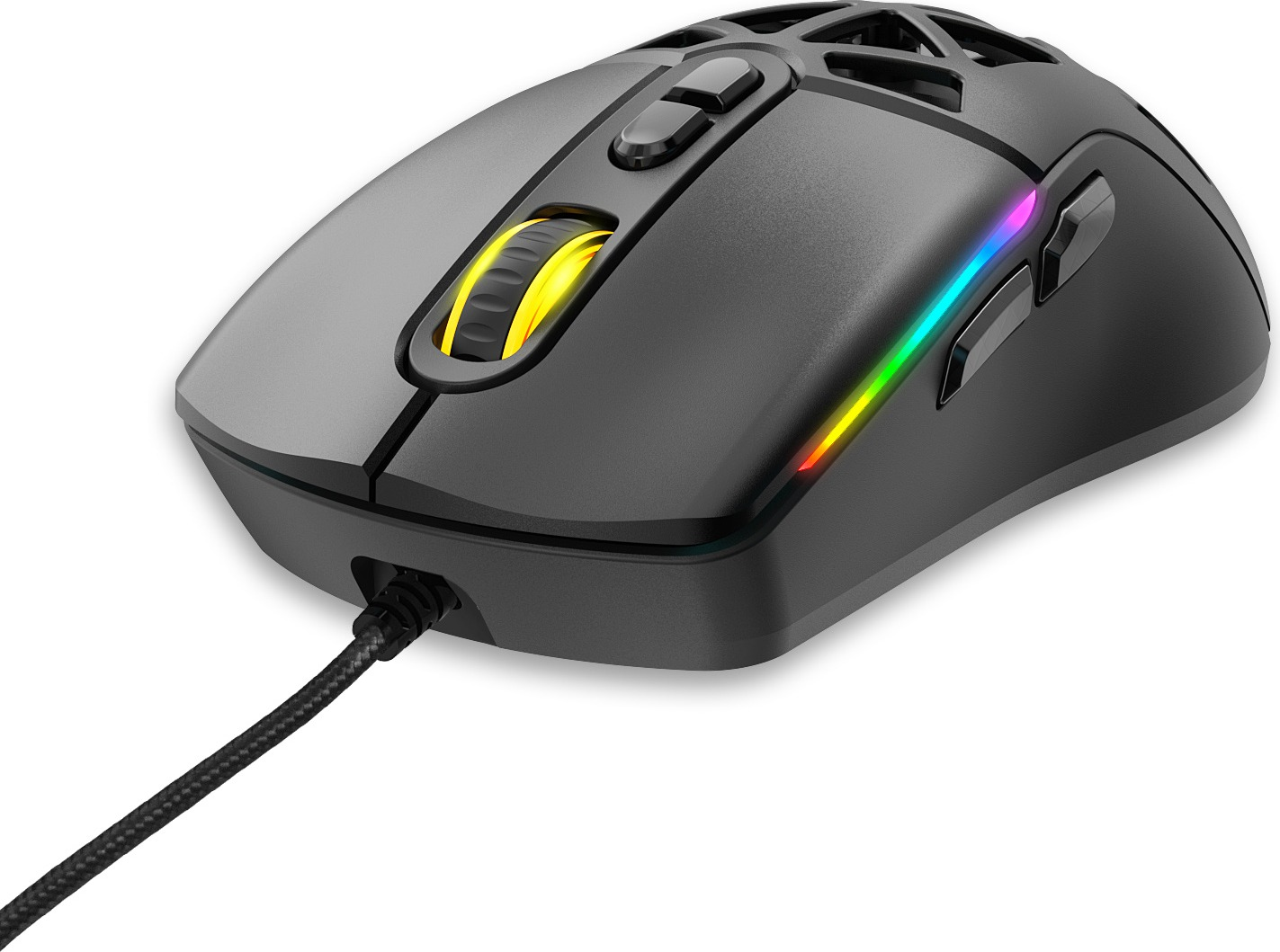 Sarı aydınlatmalı kaydırma tekerleği ve RGB yan şeridi olan siyah oyuncu faresi.