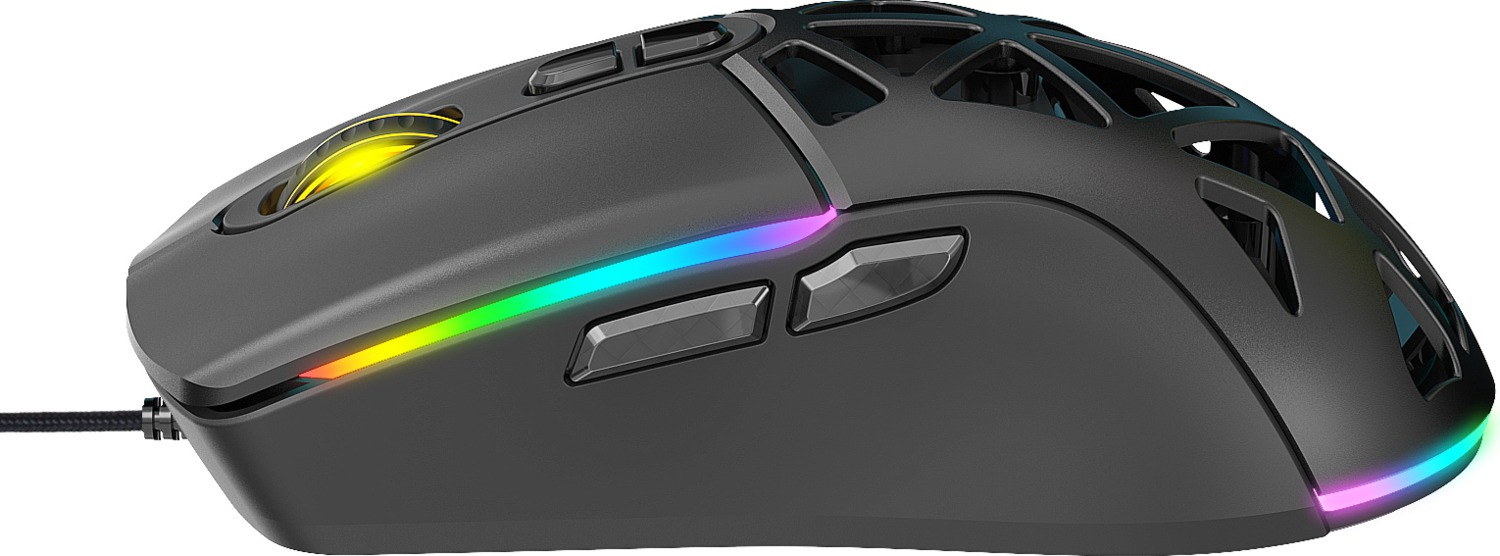 Petek kasalı, RGB aydınlatmalı ve yan tuşlu siyah oyuncu faresi.