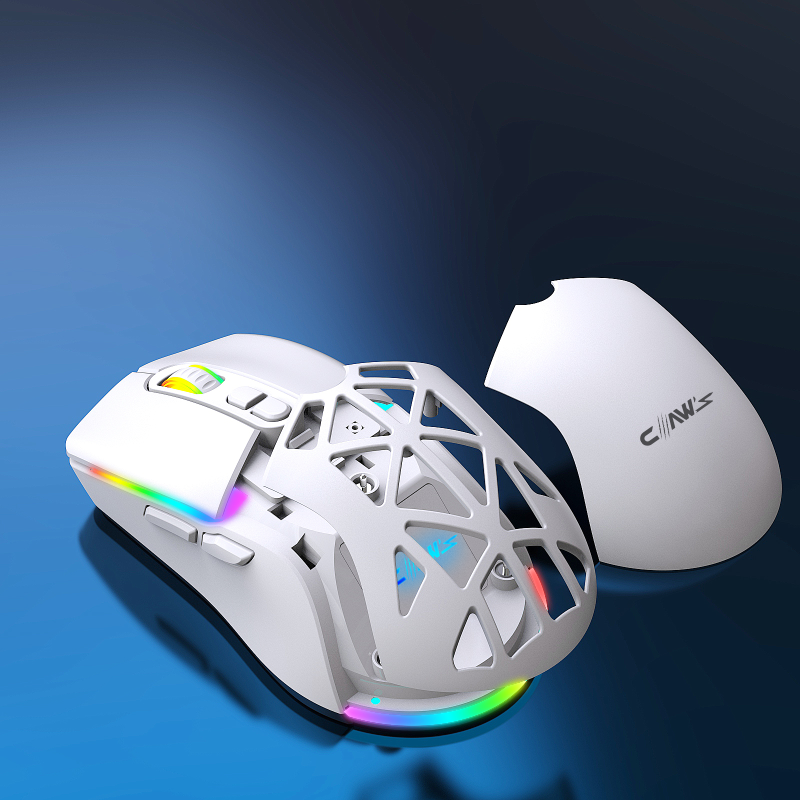 Mavi arka plan üzerinde RGB aydınlatmalı ve çıkarılabilir üst kapaklı beyaz bir oyun faresi.
