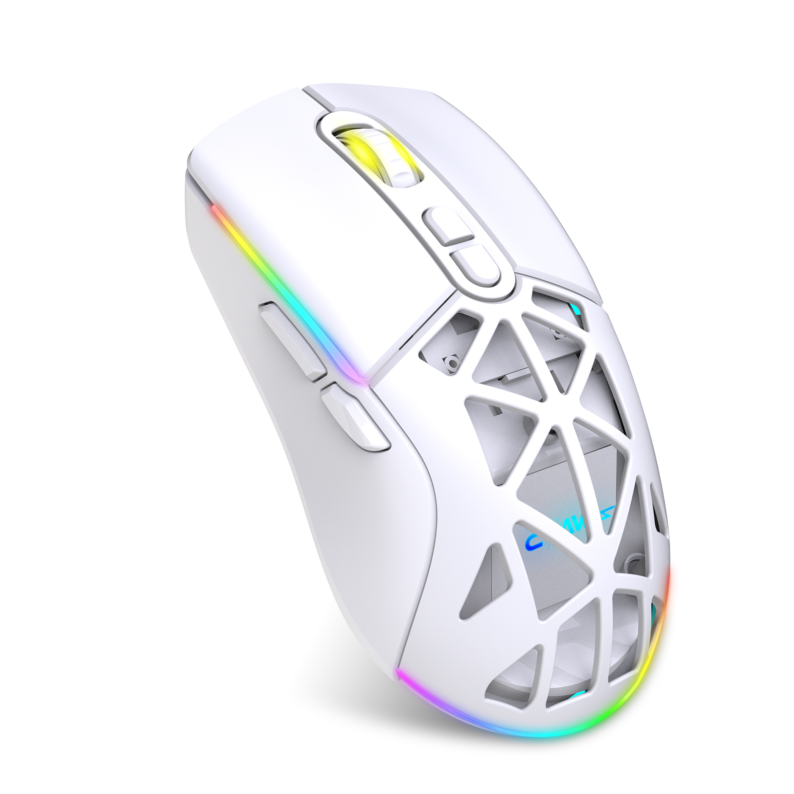 Beyaz arkaplanda petek yapılı ve RGB aydınlatmalı beyaz bir oyuncu faresi.