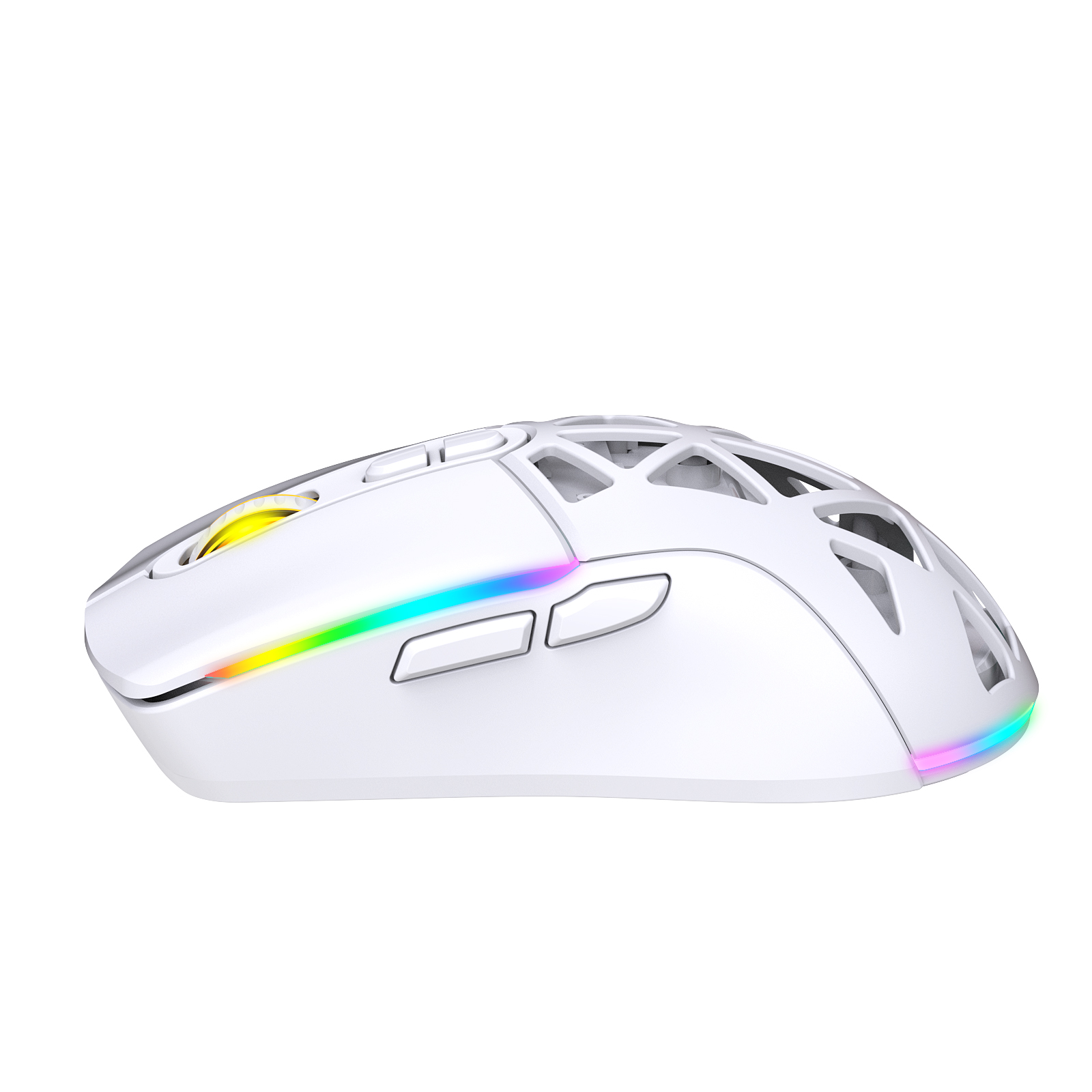 Beyaz arkaplanda petek tasarımlı ve renkli RGB ışık şeritlerine sahip beyaz ergonomik oyuncu faresi.