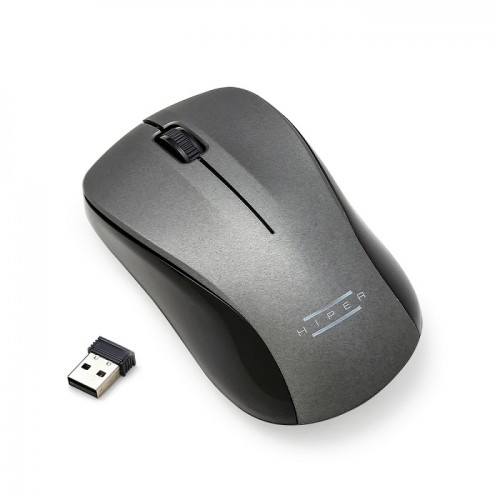 Beyaz arka planda kaydırma tekerleği ve küçük bir USB alıcısı olan gri kablosuz bilgisayar faresi.