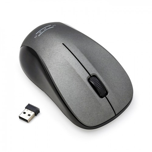 Beyaz arka planda USB alıcılı gri ve siyah kablosuz bilgisayar faresi.