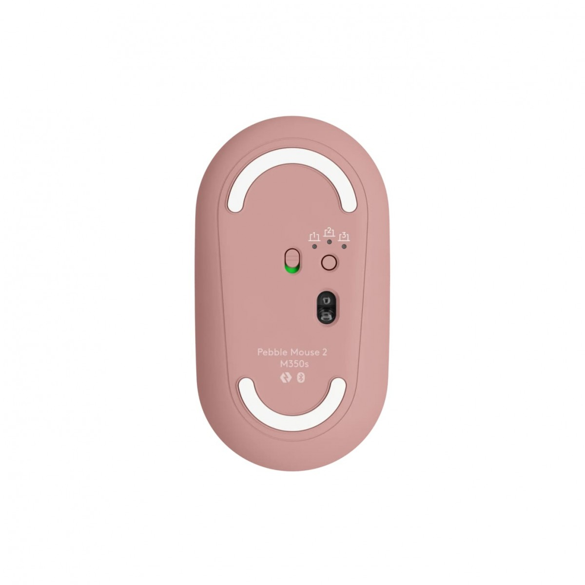 Beyaz arka planda sensör, açma/kapama düğmesi ve Bluetooth tuşu olan pembe bir Pebble Mouse 2 M350s'in tabanı.