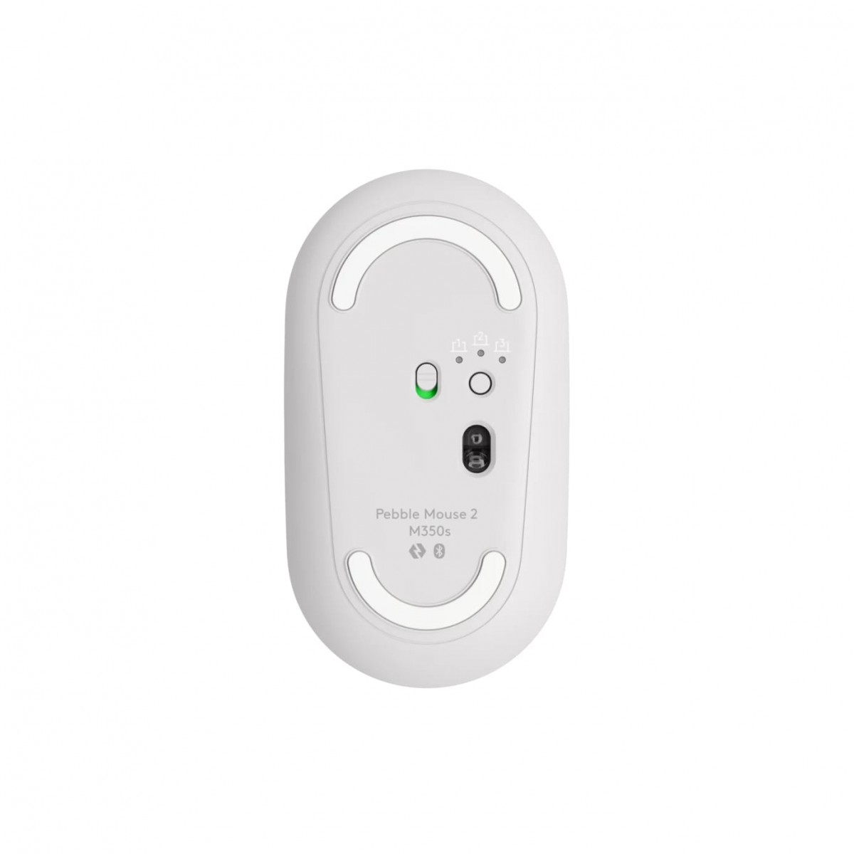 Güç düğmesi ve optik sensörlü beyaz Logitech Pebble Mouse 2 M350s'in alt kısmı.