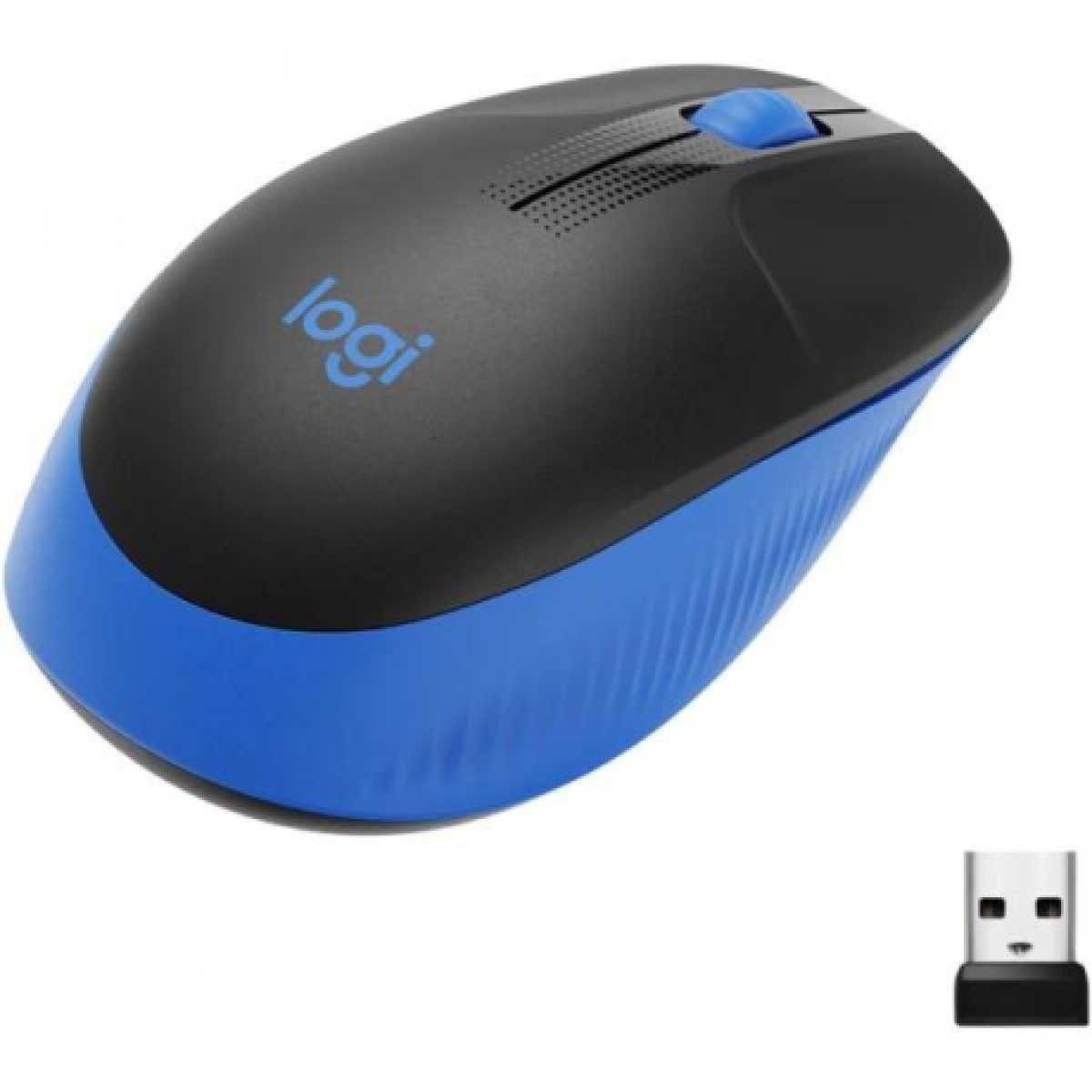 Beyaz arka planda USB alıcılı siyah ve mavi Logitech kablosuz fare.