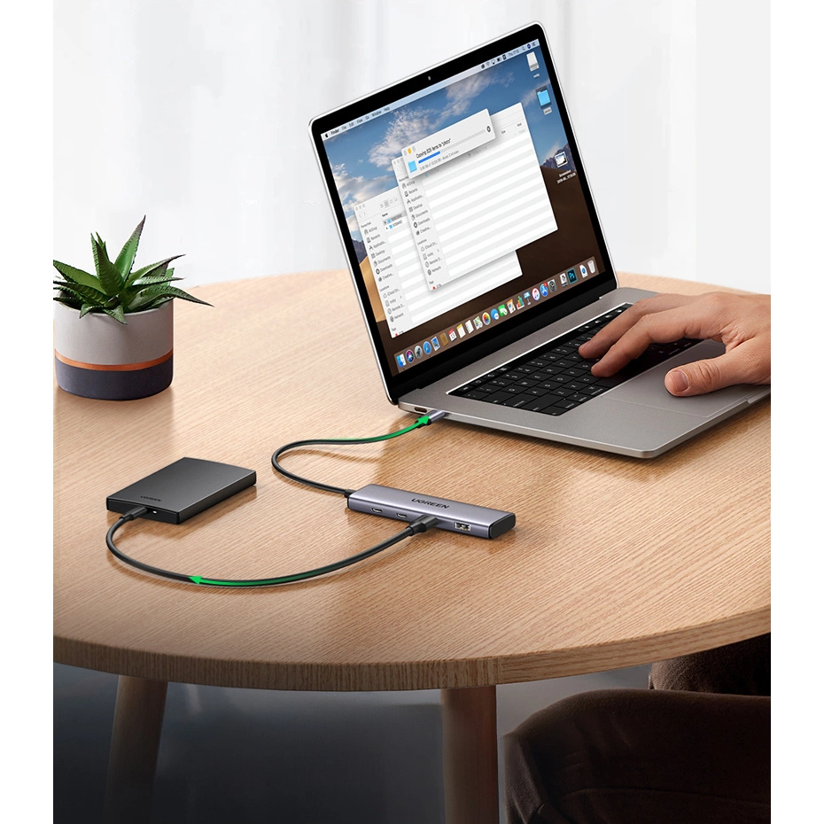 Un hub USB collega un hard disk esterno a un laptop su un tavolo di legno, accanto a una piccola pianta in vaso.