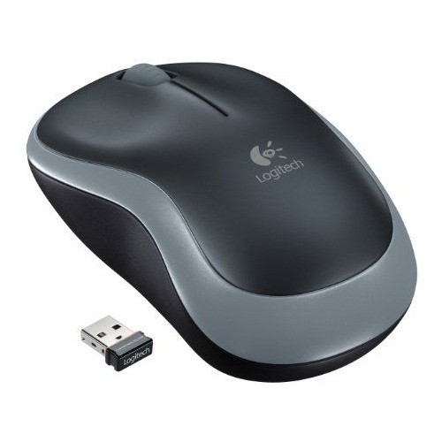 Beyaz arka planda küçük bir USB alıcısına sahip siyah ve gri Logitech kablosuz fare.