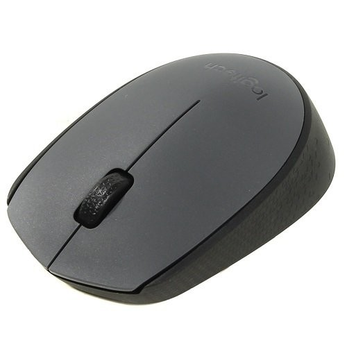 Beyaz arka planda siyah kaydırma tekerleği ve logolu gri kablosuz Logitech bilgisayar faresi.
