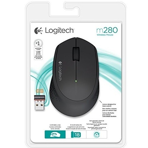 Plastik ambalajında USB alıcılı ve ürün bilgileri içeren siyah bir Logitech M280 kablosuz fare.