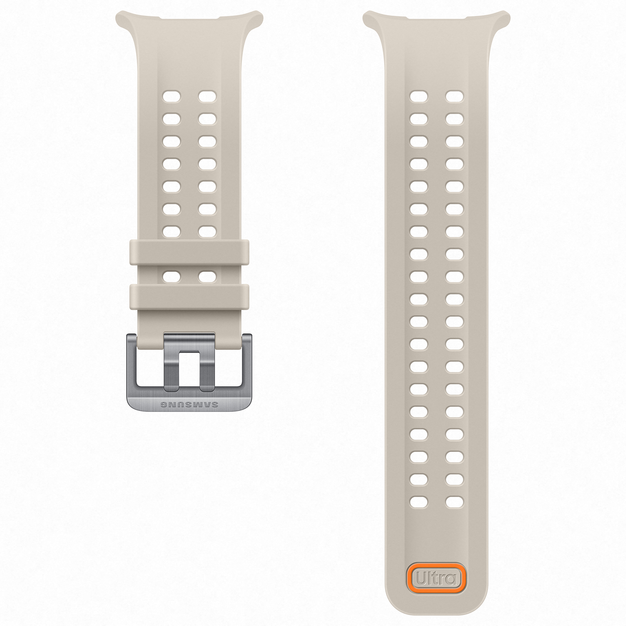 Piezas de correa beige para Samsung Watch Ultra con hebilla plateada y detalle naranja sobre fondo blanco.