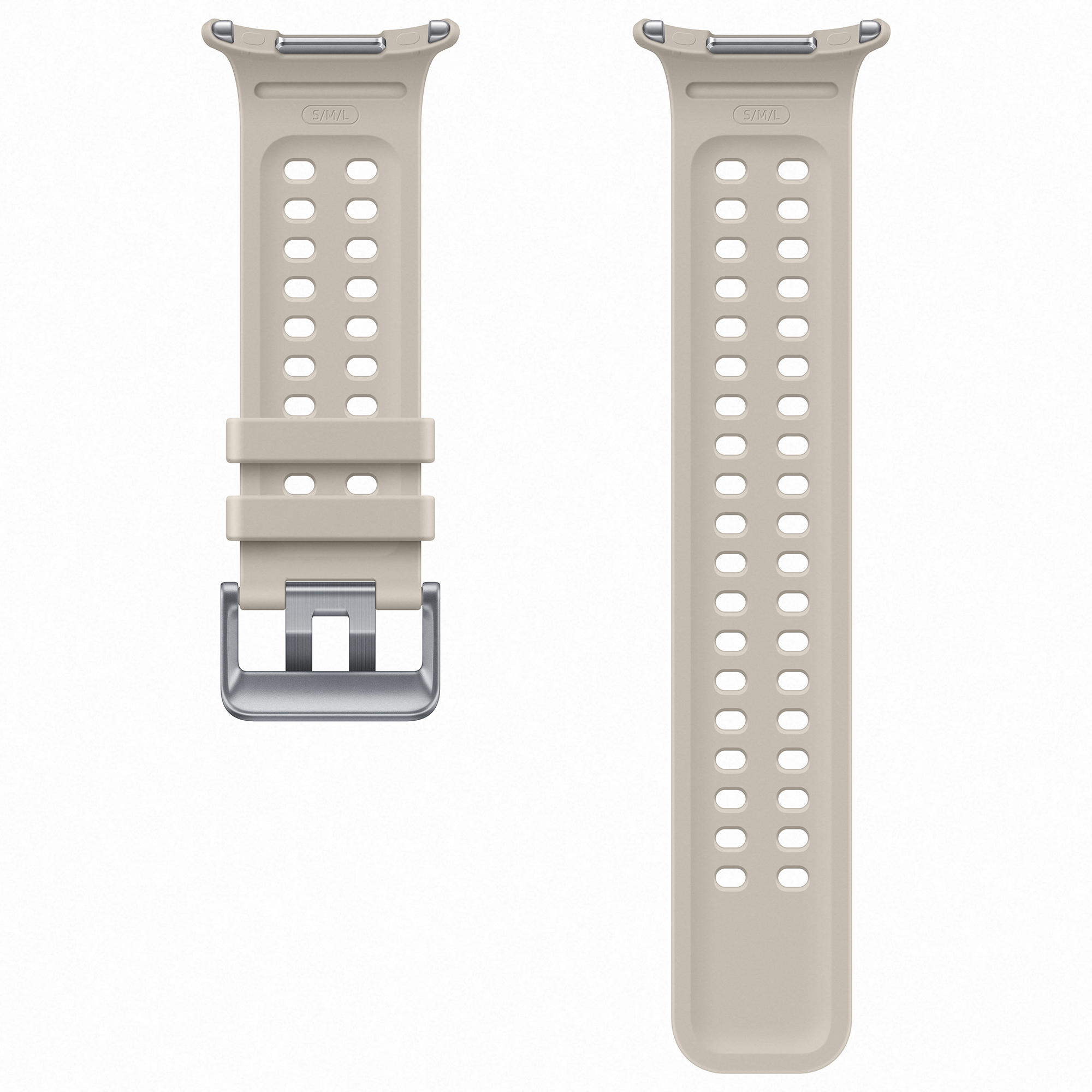Correa de reloj deportiva de silicona beige con perforaciones y hebilla metálica sobre fondo blanco.