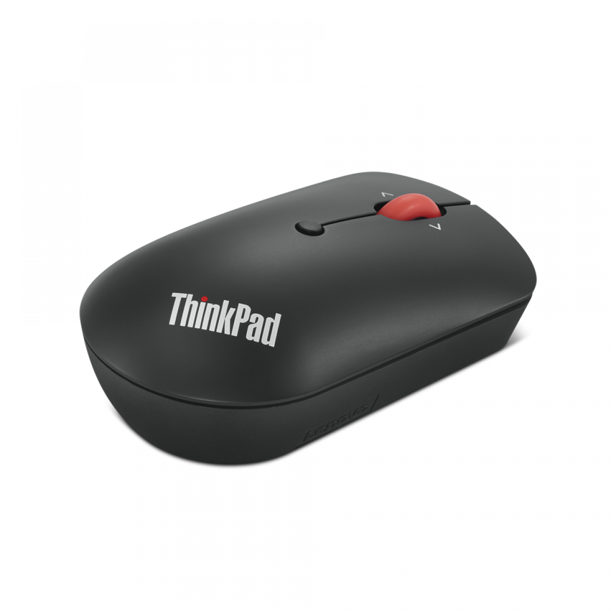 Beyaz arka planda kırmızı kaydırma tekerleğine ve beyaz ThinkPad logosuna sahip siyah Lenovo ThinkPad fare.
