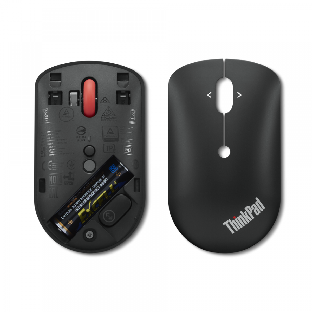 Siyah bir ThinkPad mouse'un üst ve alt görünümü, açık pil yuvası ve kırmızı tekerlek.