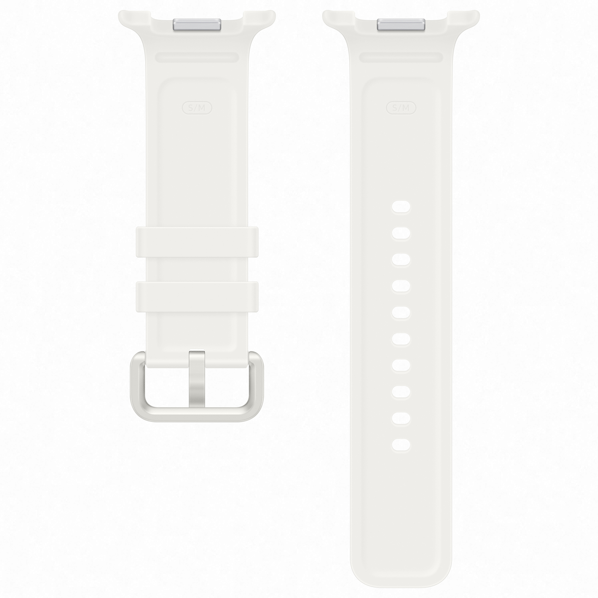 Un cinturino per smartwatch in silicone bianco con fibbia e connettori argentati su sfondo bianco.