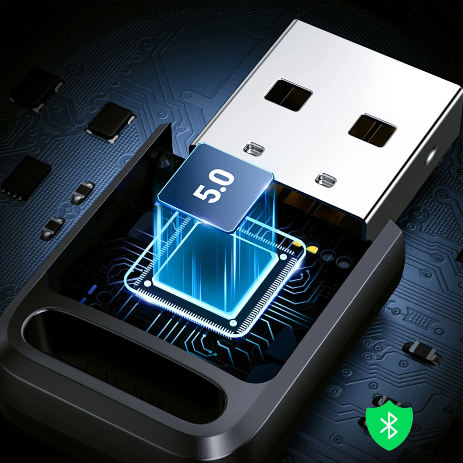 Un adattatore USB Bluetooth 5.0 nero con chip blu luminoso su uno sfondo di circuito stampato.