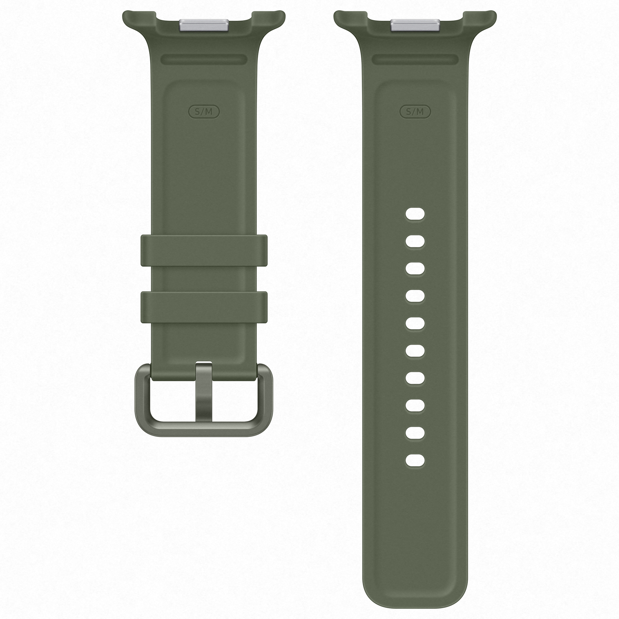 Due pezzi di un cinturino per orologio in silicone verde, taglia S/M, con fibbia in metallo su sfondo bianco.