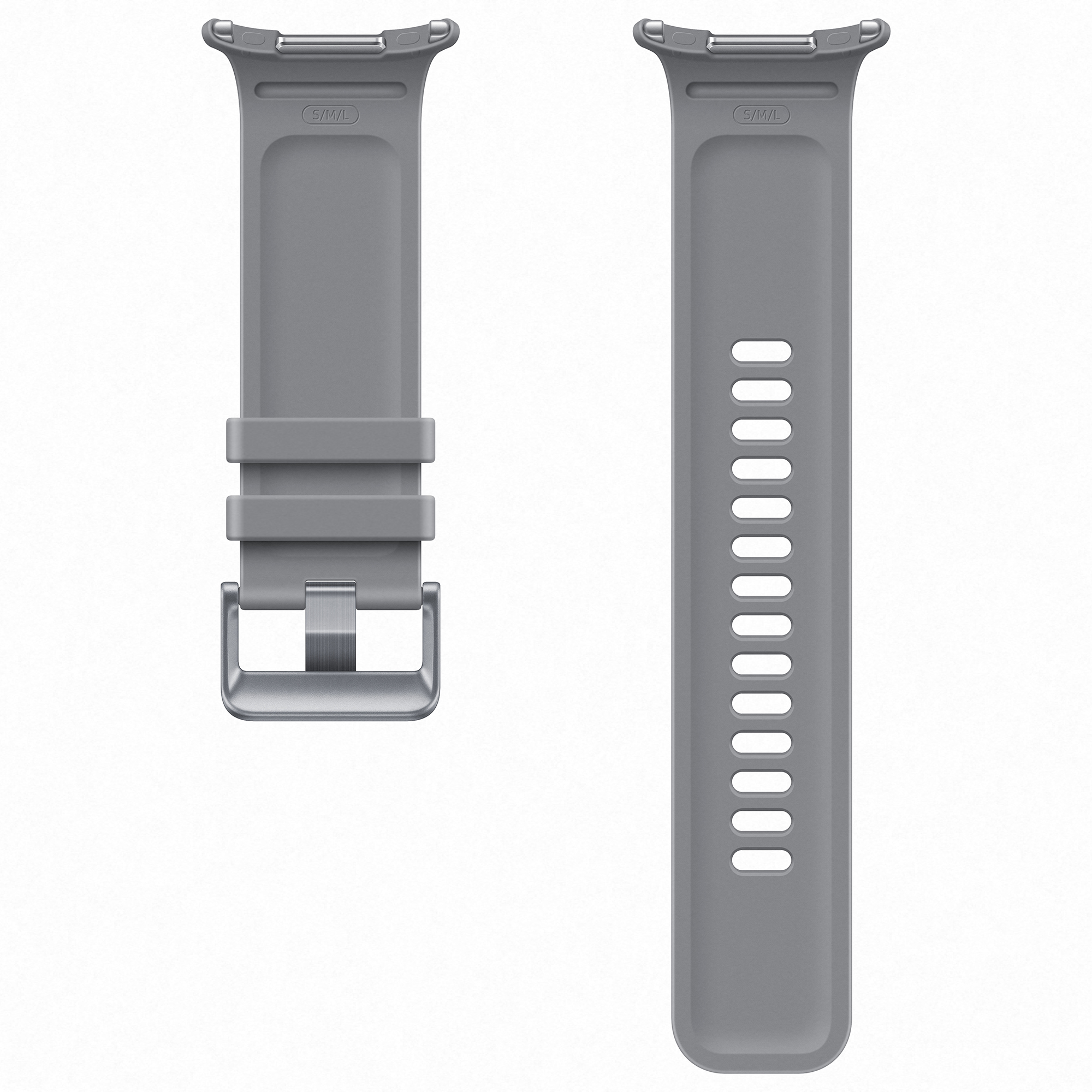 Cinturino per smartwatch grigio mostrato piatto con fibbia e fori su sfondo bianco.