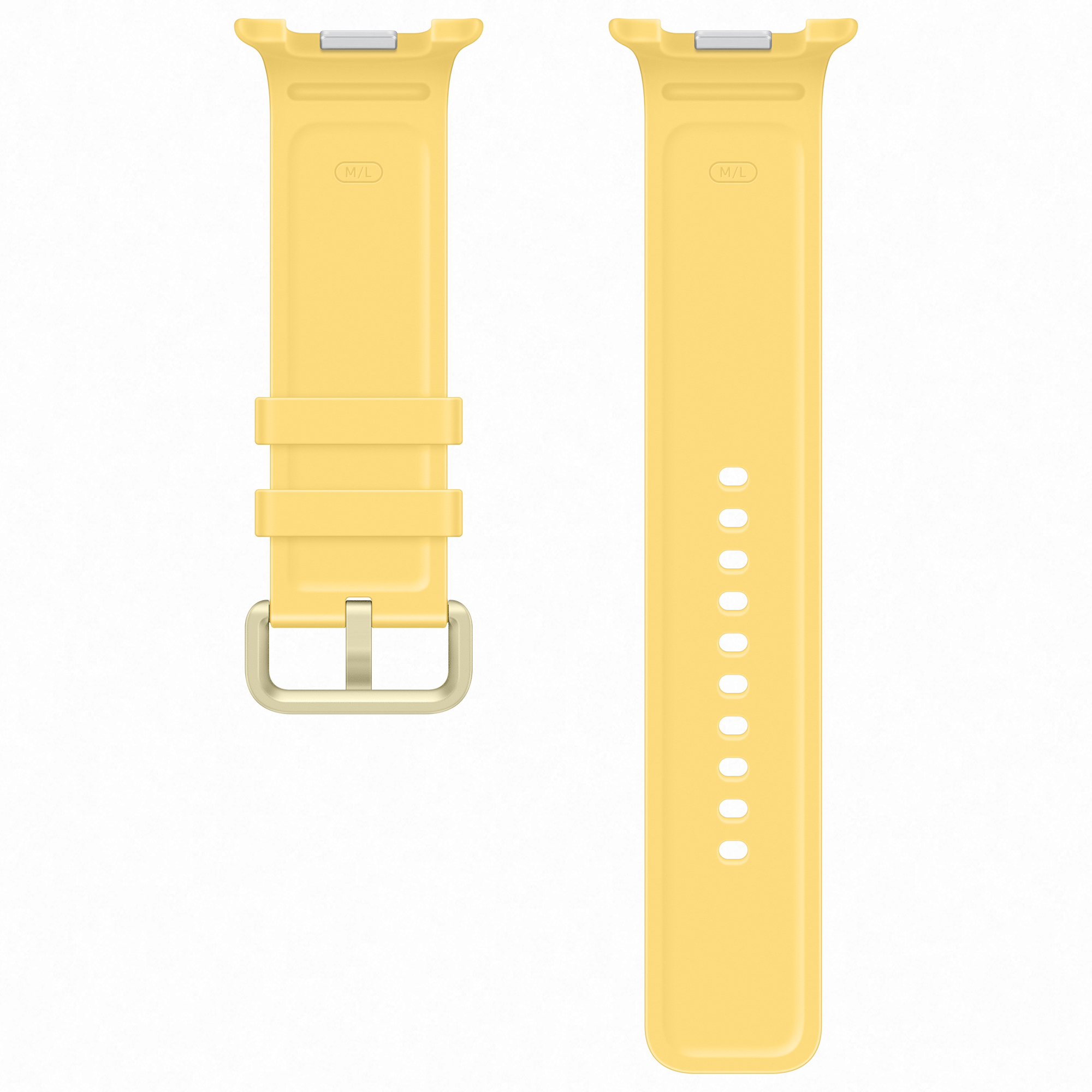 Due pezzi di un cinturino per orologio in silicone giallo con fibbia argentata e connettori su sfondo bianco.