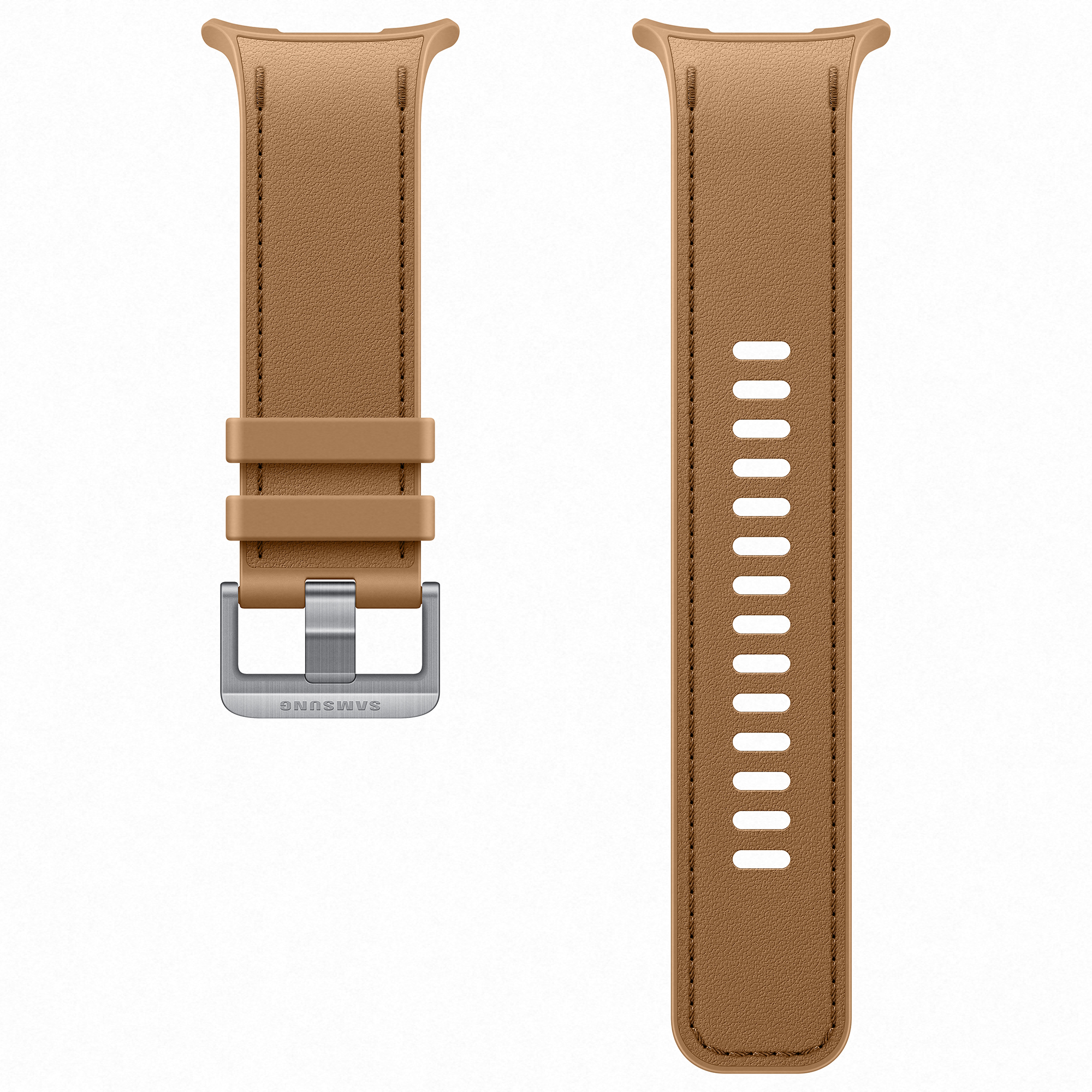 Dos mitades de una correa de reloj inteligente de cuero marrón claro de Samsung con hebilla metálica sobre fondo blanco.