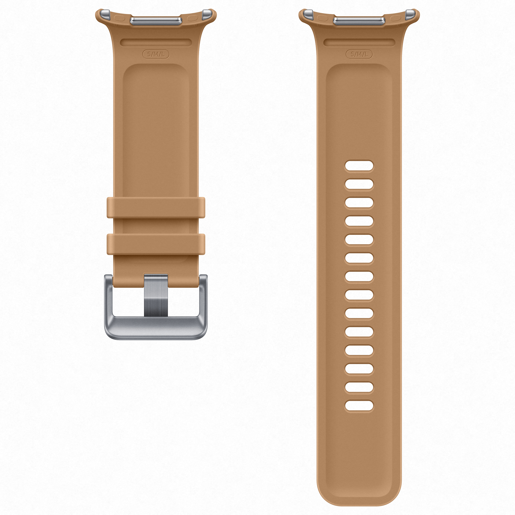 Dos correas de silicona marrón para reloj inteligente con hebilla plateada sobre fondo blanco.