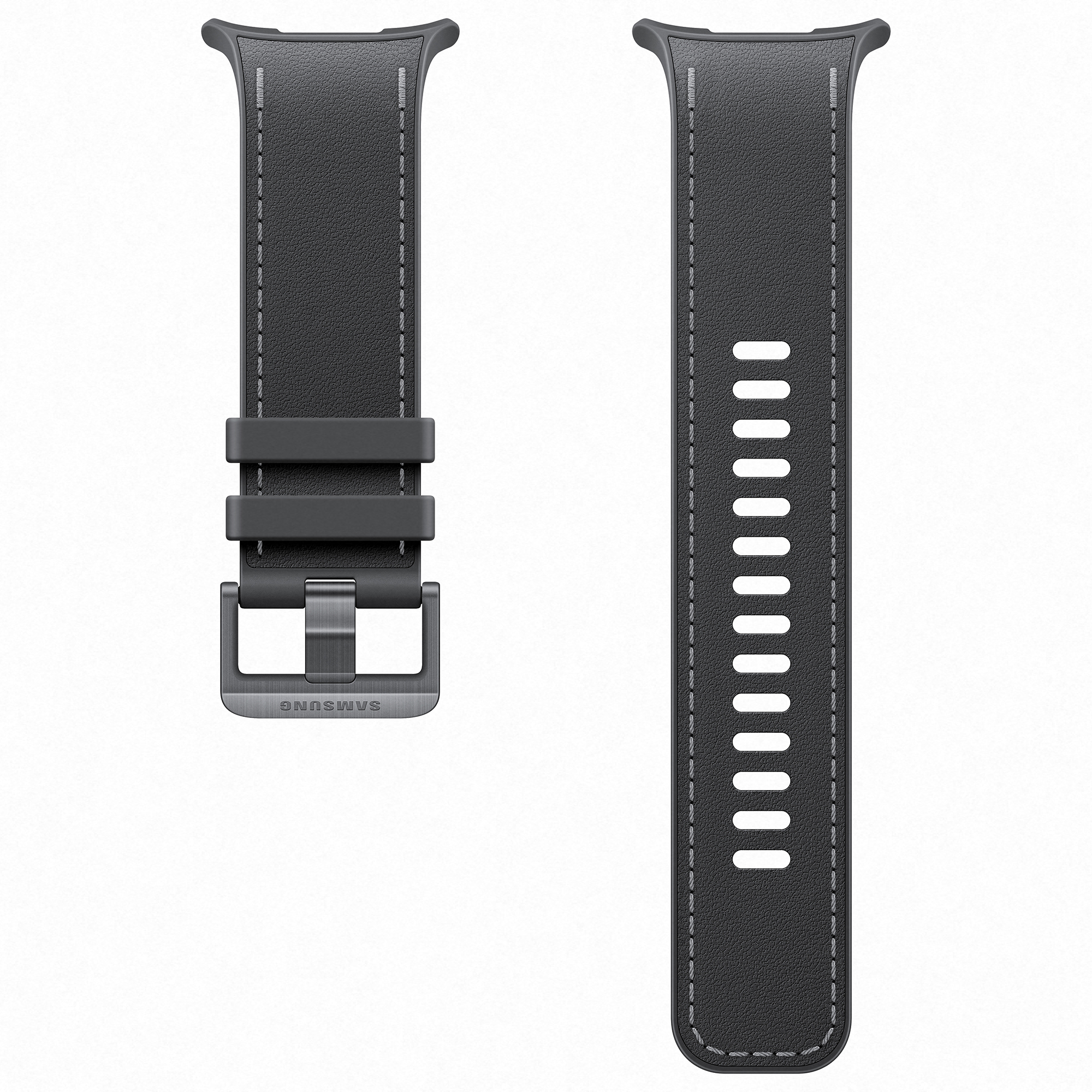 Dos correas de reloj de cuero negro con costuras grises y hebilla de metal sobre fondo blanco.