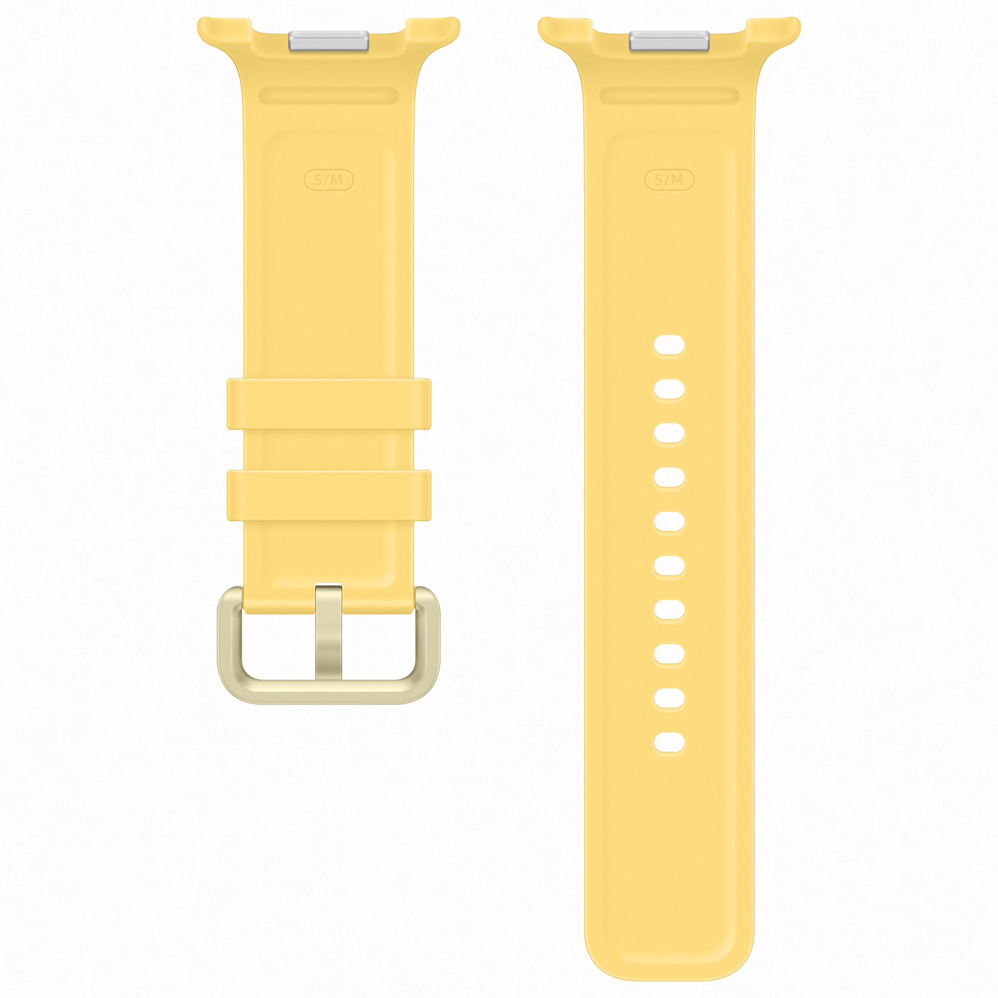 Due pezzi di un cinturino per orologio giallo con fibbia e fori.