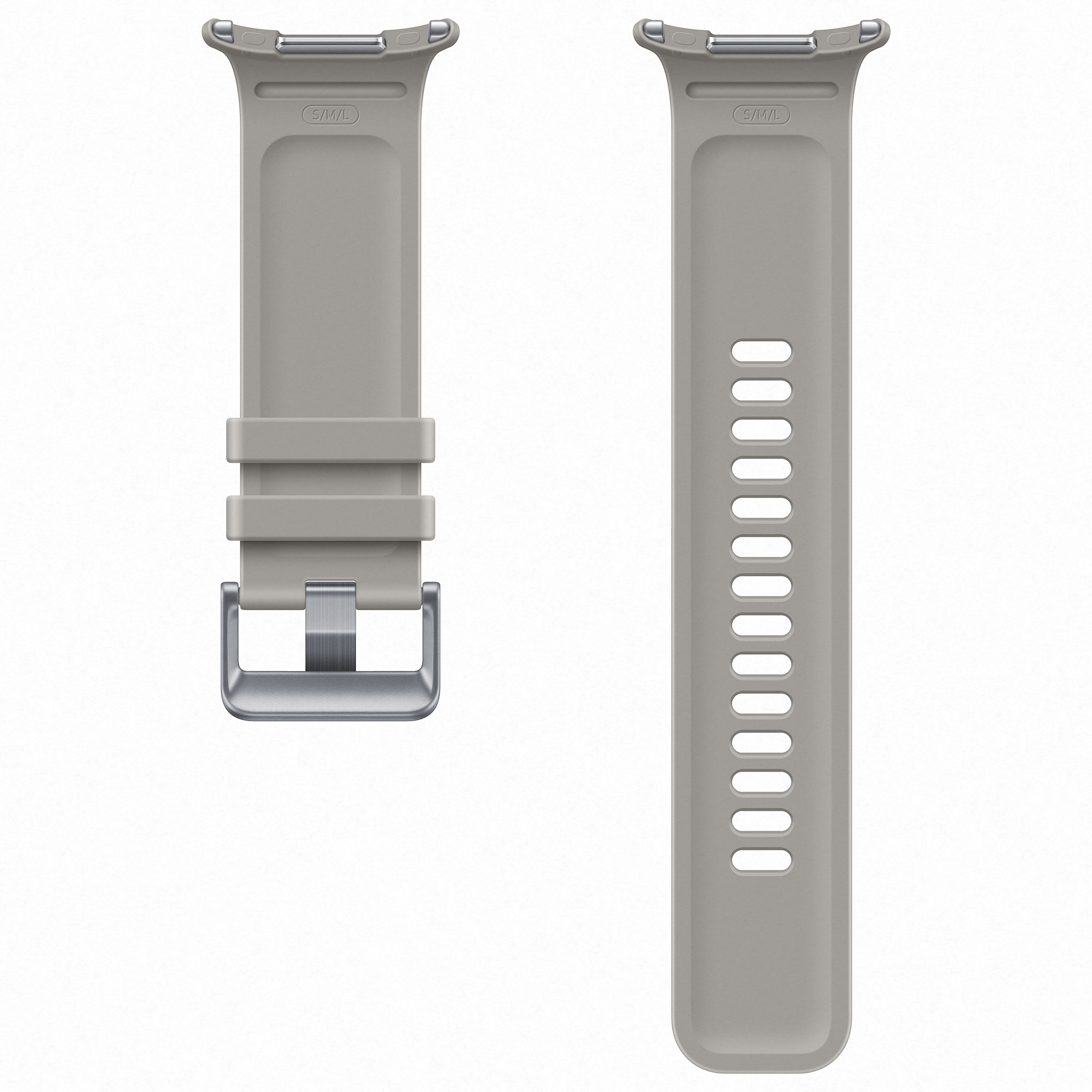 Cinturino per smartwatch in silicone grigio con fibbia argentata e fori su sfondo bianco.