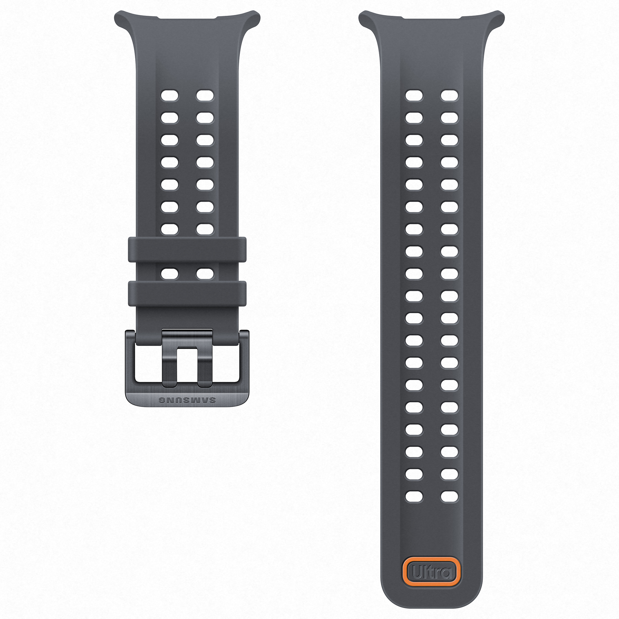 Dos piezas de una correa de reloj gris Samsung Ultra con agujeros perforados y una hebilla sobre fondo blanco.