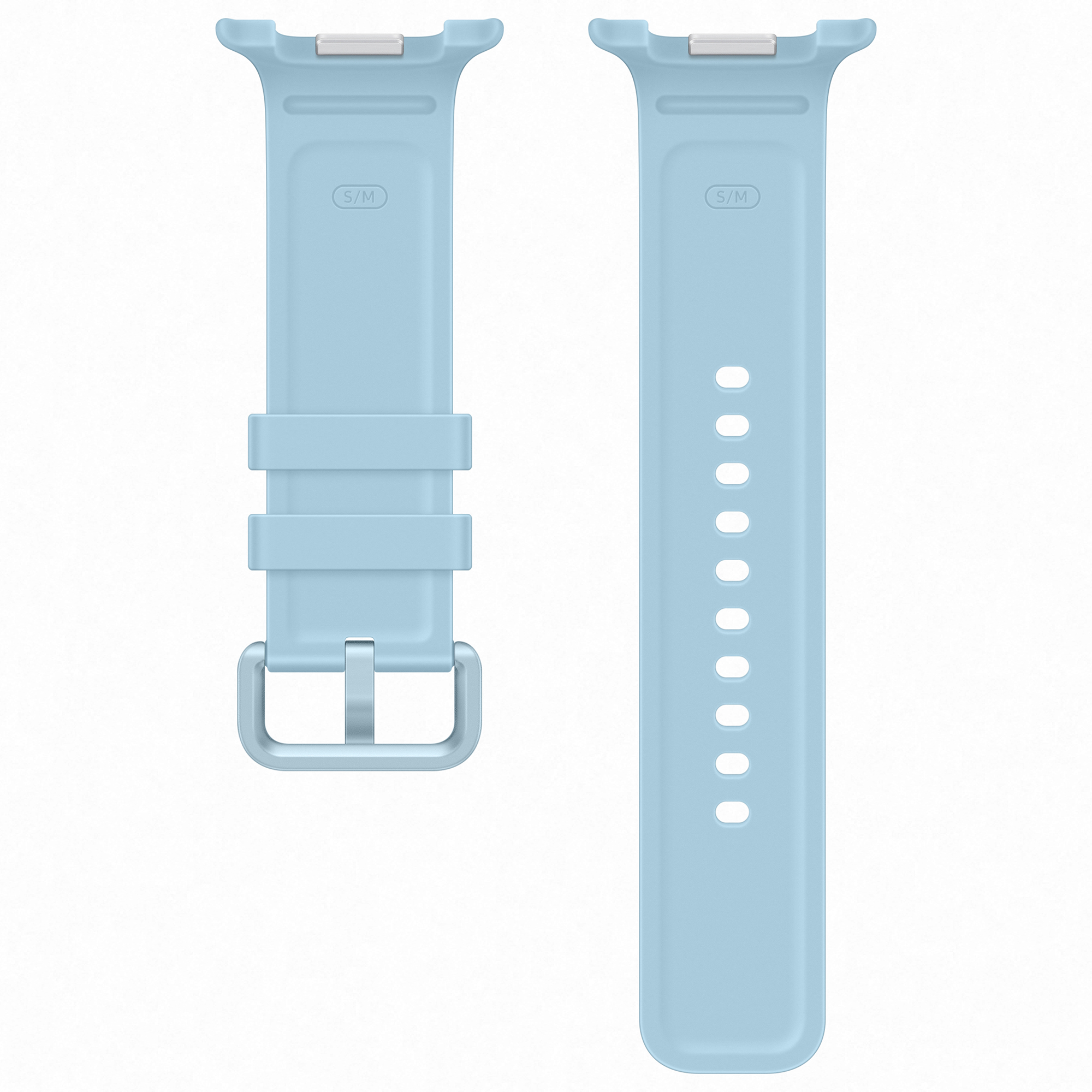 Due pezzi di un cinturino per orologio in silicone azzurro con fibbie argento e taglia S/M su sfondo bianco.