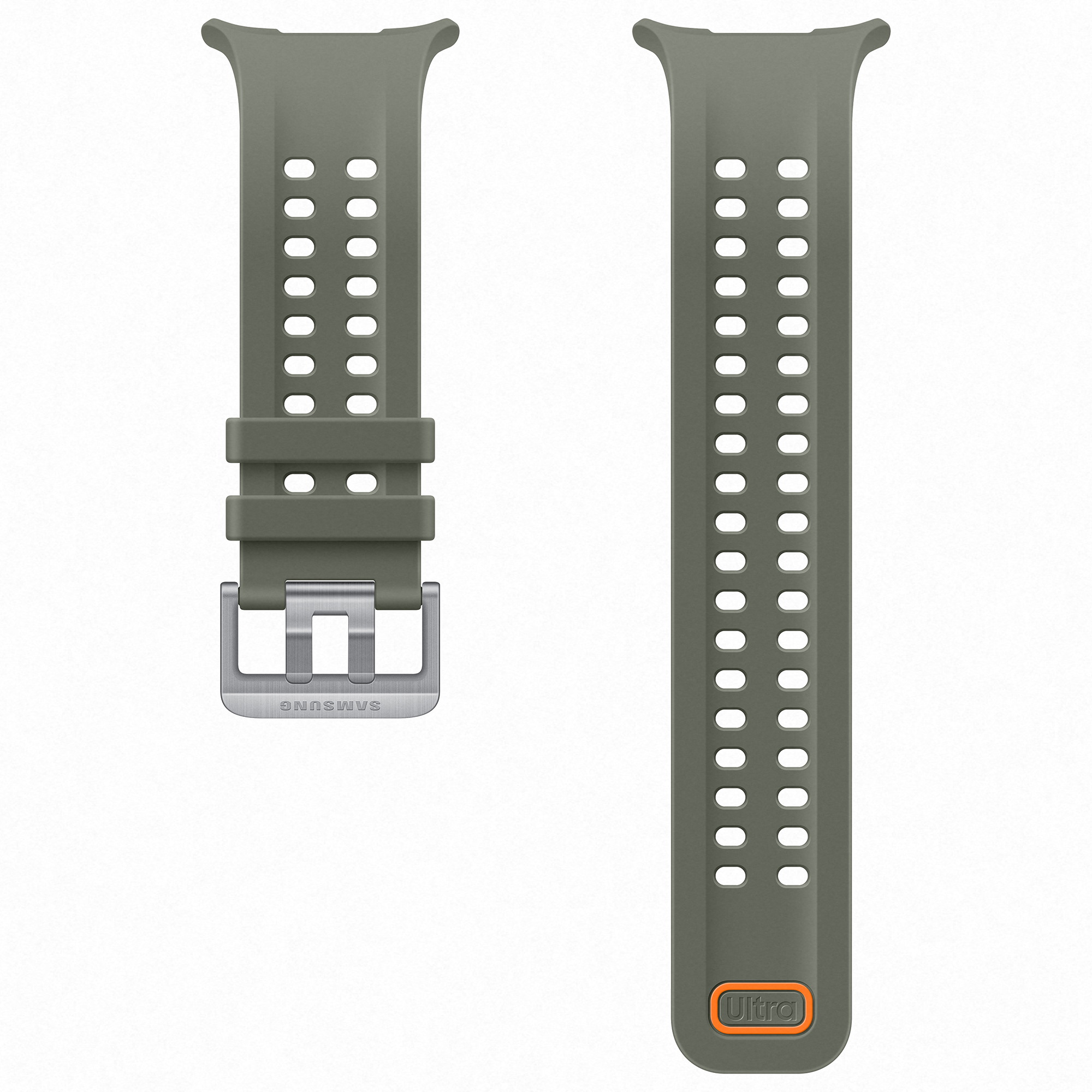 Correa de reloj Samsung Ultra verde con hebilla plateada y dos trabillas sobre fondo claro.